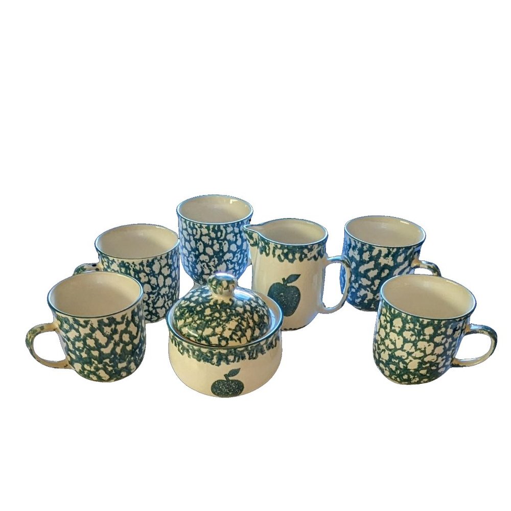 Tienshan FOLK CRAFT APPLE Green Sponge Stoneware sugar creamer 5x cups